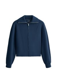 Veste bleu marine zippée avec manches longues, col haut et poignets ajustés, conçue pour une tenue décontractée.
