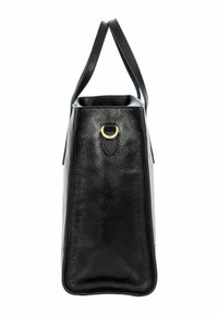 Borsa tote in pelle nera con una forma strutturata, base piatta e doppie maniglie. Presenta un dettaglio ad anello in metallo dorato sul davanti.