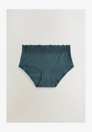 Tiefgrüne, hoch geschnittene Unterwäsche mit einer gewellten Spitze entlang des Bundes; aus weichem Stoff mit glatter Textur und ohne sichtbare Muster.