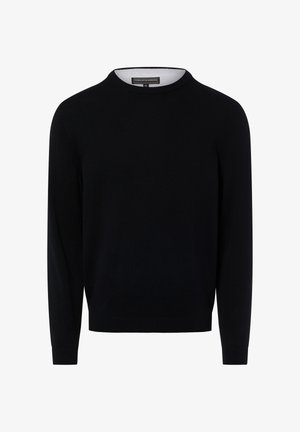 Zwart gebreide trui met een ronde hals, lange mouwen, geribbelde boorden en zoom, met een witte binnenkraag. Klassieke pasvorm en eenvoudig ontwerp.