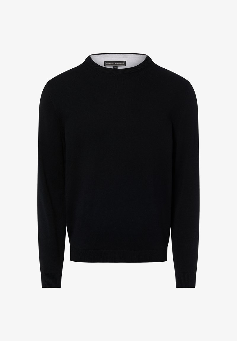 Czarny dzianinowy sweter z okrągłym dekoltem, długimi rękawami, ściągaczami na mankietach i dole, z białym wewnętrznym kołnierzem. Klasyczny krój i prosty design.