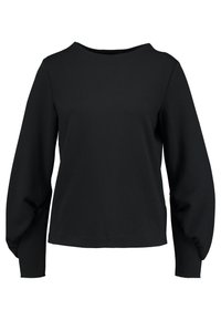 Musta pitkähihaisen yläosa, rento istuvuus, pyöreä pääntie ja hieman pussimaiset hihat. Pehmeä kangas, sileä pinta ilman näkyviä kuvioita.