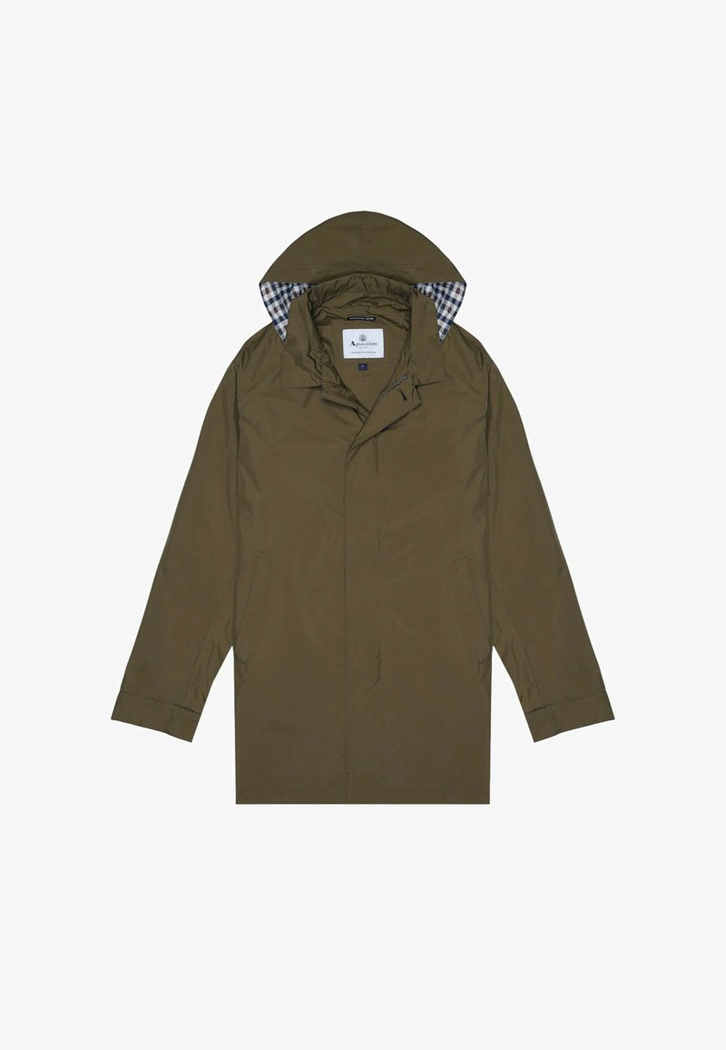 Olijfgroene regenjas met een hoge kraag, ritssluiting en geruite binnenvoering. Heeft lange mouwen en zijzakken. Waterdicht materiaal.