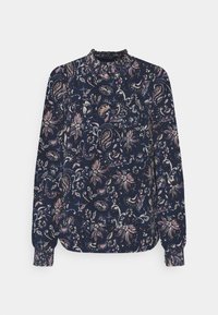 Blusa a maniche lunghe in blu navy con un motivo floreale paisley, caratterizzata da un collo alto smockato e da polsini arricciati per un tocco di texture.