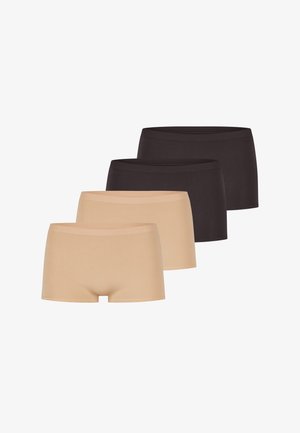 Vier Paar Boxershorts: zwei hellbeige und zwei dunkelbraun. Weicher, dehnbarer Stoff mit einem schlichten Design und einem bequemen Bund.