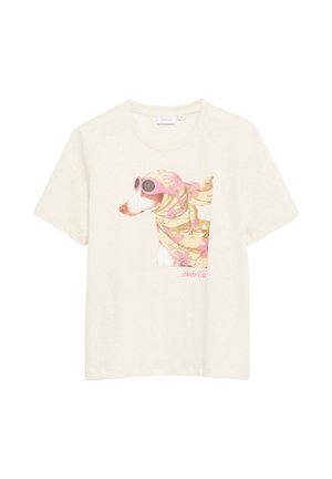 Kremowy T-shirt z grafiką psa w różowych goglach i żółto-różanej wzorzystej chuście na głowie z napisem „Dolce Vita".