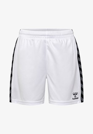 Witte sportshorts met een zwarte patroonstreep aan beide zijkanten, elastische tailleband en Hummel-logo aan de onderzijde van de rechter voorkant.