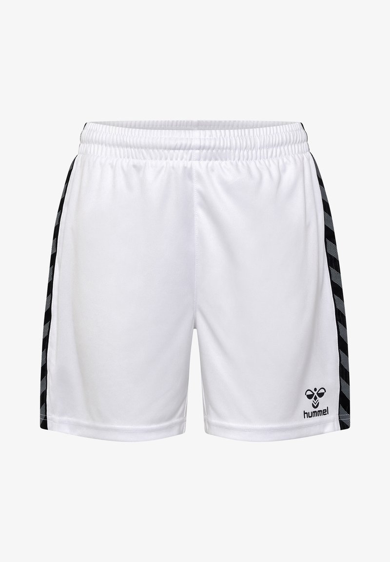 Witte sportshorts met een zwarte patroonstreep aan beide zijkanten, elastische tailleband en Hummel-logo aan de onderzijde van de rechter voorkant.