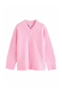 Pink knitted V-neck sweater with ribbed cuffs, hem, and collar, featuring a textured pattern throughout the fabric.