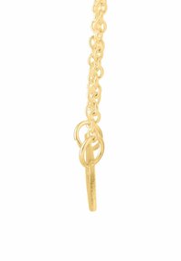 Naszyjnik w odcieniu złota z ogniwami łańcucha połączonymi ze sobą, z płaskim, wydłużonym wisiorkiem oraz kilkoma metalowymi pierścieniami jako akcentami.