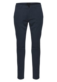 Pantaloni blu navy realizzati in tessuto testurizzato, con chiusura a bottone e design con gamba affusolata, adatti per abbigliamento casual o professionale.