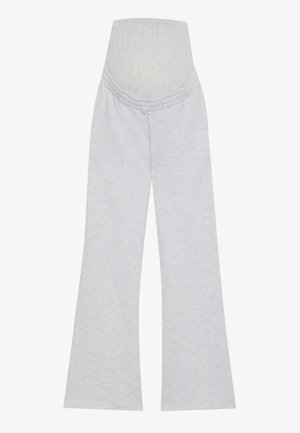 Tehotenské zvonové nohavice svetlo šedej farby, vyrobené z mäkkej zmesi bavlny, so strečovým rebrovaným pásom pre pohodlie a podporu.