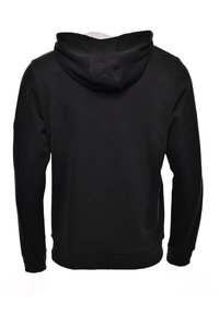 Svart huvtröja med en gråfodrad huva, långa ärmar och ribbade mudd och fåll. Tyget ser slätt och bekvämt ut.