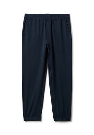 Pantalon de jogging bleu marine à taille élastique avec poches latérales et poignets élastiques, posé à plat sur un fond blanc.