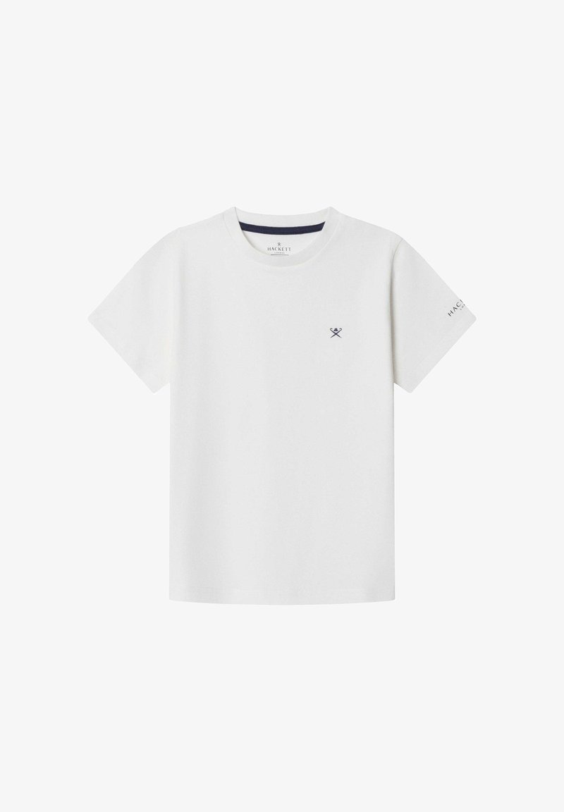 T-shirt blanc à manches courtes et col rond avec un petit logo bleu marine représentant des battes croisées sur la poitrine et le texte "Hackett London" sur la manche gauche.