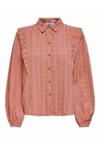 Camicia a maniche lunghe, con bottoni, in morbido tessuto rosa testurizzato con un motivo a rete, dotata di colletto e polsini arricciati.