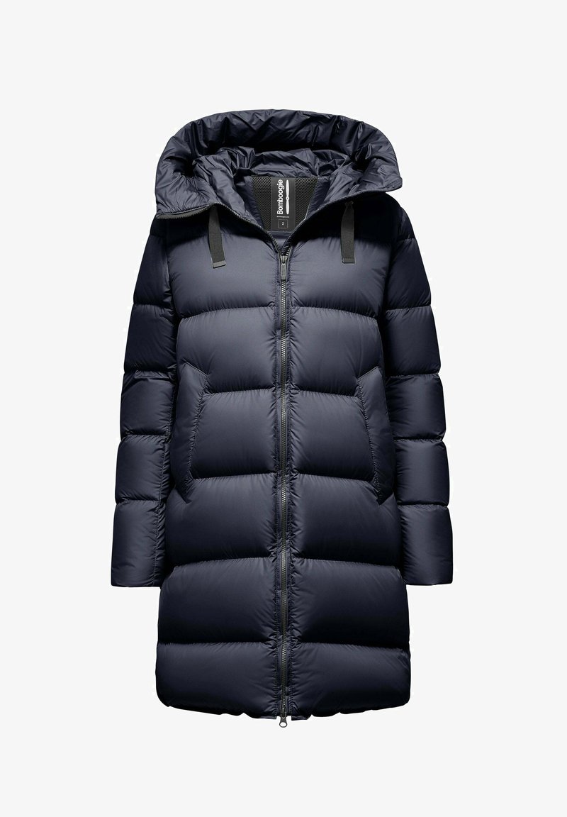 Langer, navyblauer, gepolsterter Wintermantel mit Kapuze, Frontreißverschluss, Seitentaschen und gesteppten Nähten.