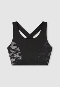 Reggiseno sportivo di colore nero, con un design incrociato sulla schiena. I pannelli laterali presentano una trama nera e grigia. Realizzato in tessuto liscio ed elastico.