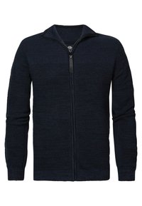 Marineblauwe rits-trui met een structuur breiwerk, voorzien van een halve kraag, lange mouwen en contrasterende horizontale strepen op de borst.