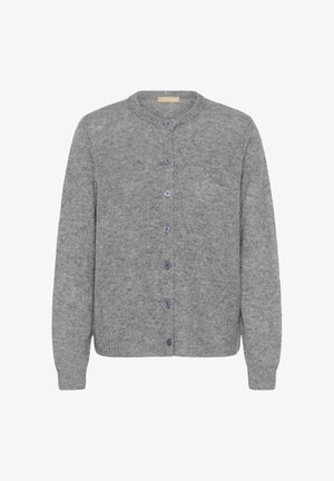 Cardigan en tricot gris avec un col rond, fermeture à six boutons et poignets côtelés. Texture douce avec un léger motif chiné.