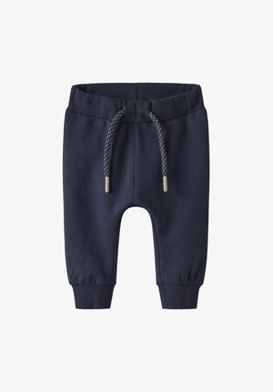 Navy blue, cotton blend sweatpants with elastic waistband and adjustable drawstring. Features ribbed cuffs and a smooth texture.