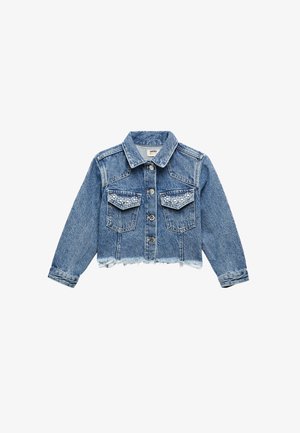 Lysblå denimjakke, cropped design med slidser i kantene, to frontlommer, perleaccenter på lommerne og knaplukning.