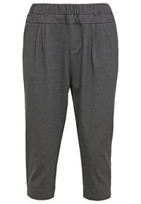 Tummanharmaat kapeat housut, joissa on kevyttä, teksturoitua kangasta. Varustettu elastisella vyötäröllä ja etukaitaleilla. Nilkkapituus ilman taskuja.