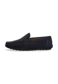 Mørkeblå læder slip-on sko med rund tå, dekorativ syning og gummisål. Har en glat overflade og minimalistisk design.