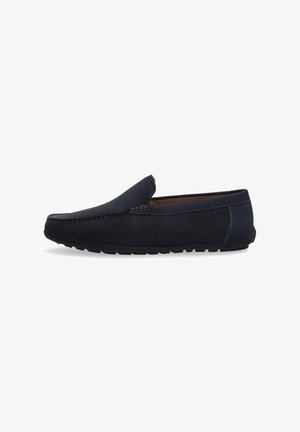Marineblaue Leder-Slipper mit runder Zehenpartie, dekorativer Naht und Gummisohle. Verfügt über eine glatte Textur und ein minimalistisches Design.