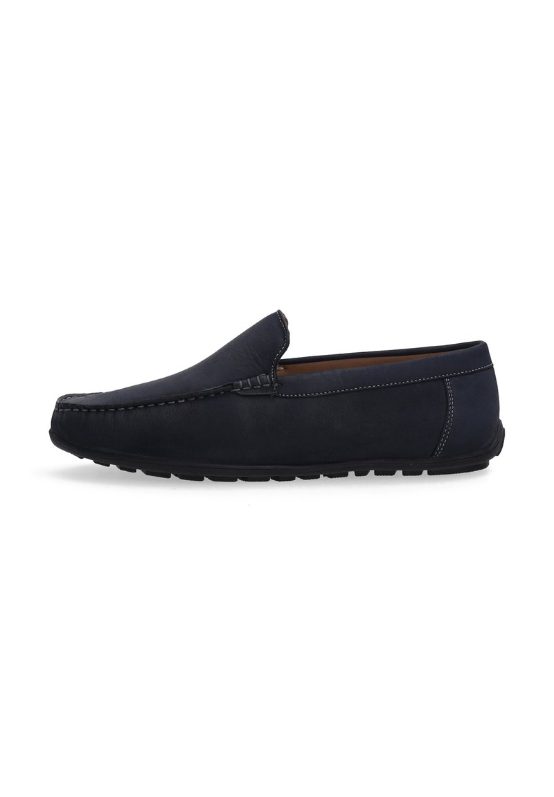 Mørkeblå læder slip-on sko med rund tå, dekorativ syning og gummisål. Har en glat overflade og minimalistisk design.