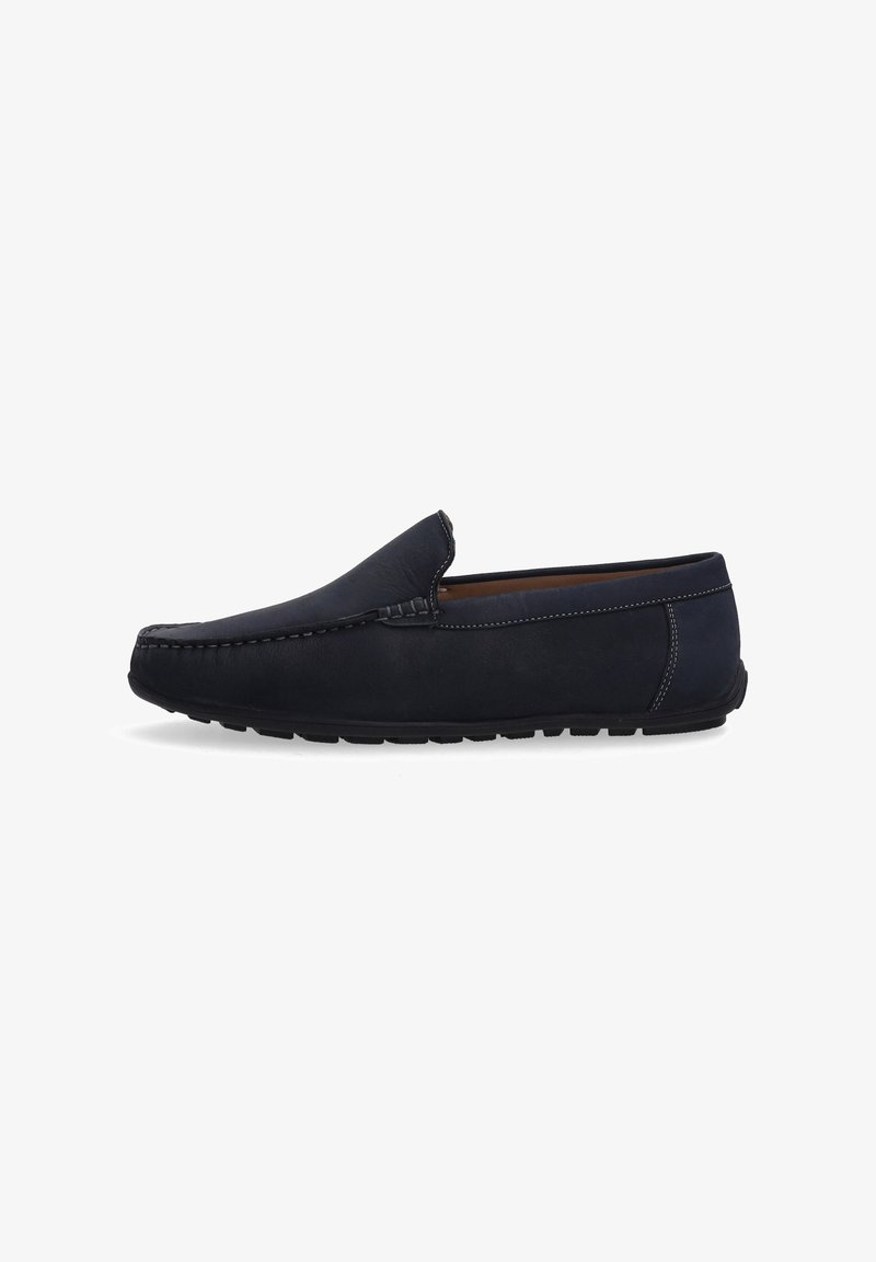 Marineblaue Leder-Slipper mit runder Zehenpartie, dekorativer Naht und Gummisohle. Verfügt über eine glatte Textur und ein minimalistisches Design.