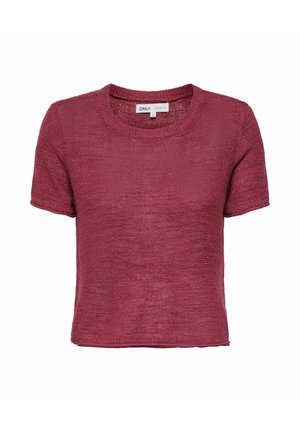 Top in maglia a maniche corte con scollo rotondo in colore lampone intenso, realizzato in tessuto leggermente strutturato con una piccola etichetta del marchio all'interno del colletto.