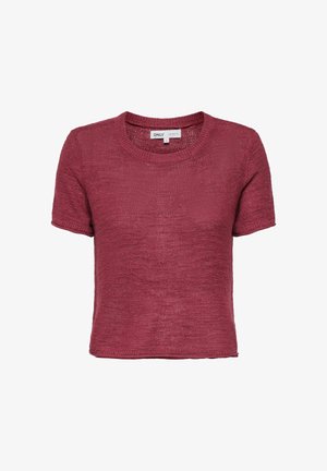 Striktop med korte ærmer og rund hals i dyb hindbærfarve med let tekstureret stof og en lille mærkeetiket indeni kraven.