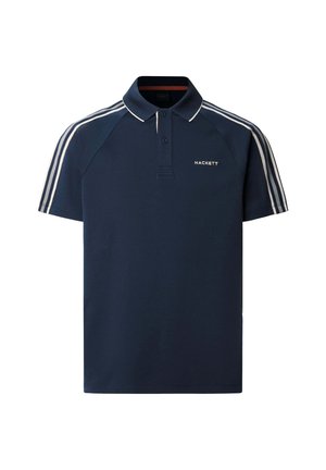 Marineblauw polohemd met korte mouwen, witte strepen op de schouders en het "Hackett"-logo op de linkerborst, met een kraag met twee knopen.