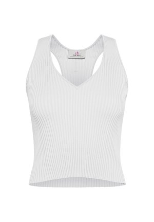 Weißes geripptes Tanktop mit V-Ausschnitt und weiten Armausschnitten. Der stoff ist leicht und hat eine figurnahe Passform, mit einem geraden Saum am unteren Ende.
