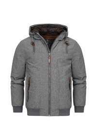 Gray insulated jacket with a hood, textured fabric, two side zippered pockets, and brown leather accents on drawstrings and zipper.