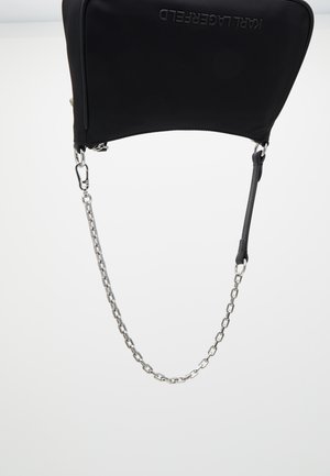 Black pouch bag with silver chain strap and embossed "KARL LAGERFELD" logo on front against white background.