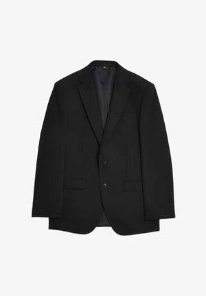 Černý blejzr vyrobený z hladkého materiálu, který má dvě přední kapsy, dva knoflíky, klopový límec a jeden rozparek na zadní straně.