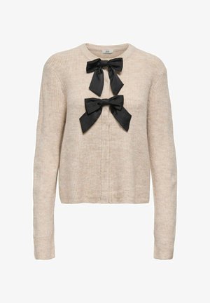 Cardigan beige lavorato a maglia con maniche lunghe, caratterizzato da due fiocchi di raso neri sul davanti e da uno scollo rotondo con trama a coste.