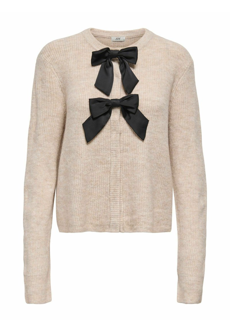 Beżowy dziany sweter rozpinany z długimi rękawami, ozdobiony dwoma czarnymi satynowymi kokardami na przodzie, z okrągłym dekoltem o prążkowanej fakturze.