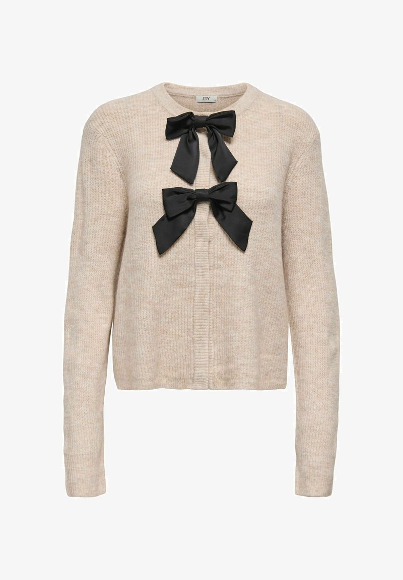 Beżowy dziany sweter rozpinany z długimi rękawami, ozdobiony dwoma czarnymi satynowymi kokardami na przodzie, z okrągłym dekoltem o prążkowanej fakturze.
