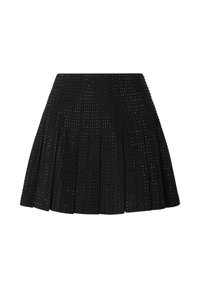 Gonna nera plissettata in tessuto traforato, caratterizzata da un design testurizzato con fori circolari uniformemente distribuiti su tutta la superficie.