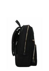 Zaino nero in nylon con numerosi accenti dorati sui zip. Ha spallacci imbottiti e una forma slanciata per un facile trasporto.