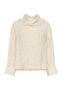 Rumena dolga majica z ovratnikom, okrašena z nežnim modrim cvetličnim vzorcem in sproščenim krojem, izdelana iz mehke, lahke tkanine.