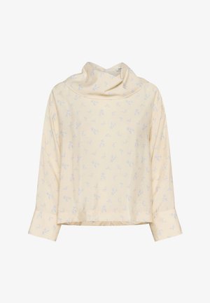 Geel langemouwen top met een kraag, voorzien van een delicate blauwe bloemenpatroon en een relaxed fit, gemaakt van zachte, lichte stof.