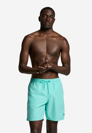 Donkere man die aqua zwemshorts draagt, staand met gevouwen handen tegen een effen witte achtergrond.