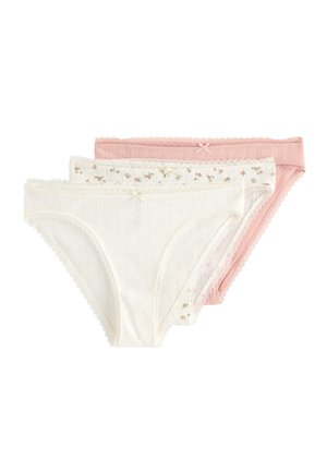Sæt med tre damebomuldstrusser med blonderkant i hvid, blomsterprint i hvid og ensfarvet lyserød.