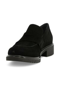 Mocassino in suede nero con tacco basso a blocco, dotato di un dettaglio a striscia cucita sul vamp e suola in gomma testurizzata per una buona aderenza.