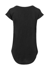 Black short-sleeve women's t-shirt with rolled cuffs, rounded hem, and a crew neckline shown from the back on a white background.