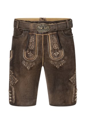 Lederhosen in Dunkelbraun mit dekorativen Nähten, geprägten Mustern und einer Metallspange. Verfügt über Taschen und seitliche Verschlüsse.